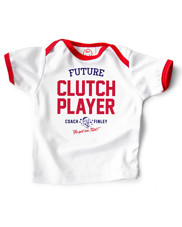 Coach Finley baby sports jersey printed with 'Future Clutch Player' printed on the front