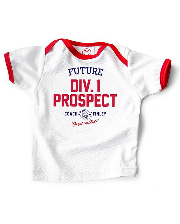 Coach Finley baby sports jersey printed with 'Future Division 1 Prospect' printed on the front