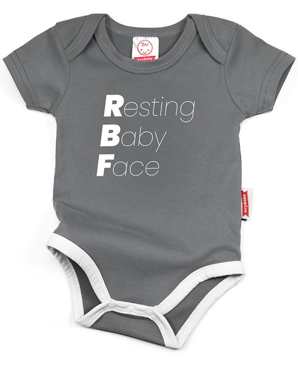 A gray cotton funny onesie made by wrybaby with 'RBF (Resting Baby Face)' printed on the front in a nice design