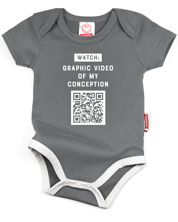 A gray cotton funny onesie made by wrybaby with a really fun qr code prank printed on the front in a nice design