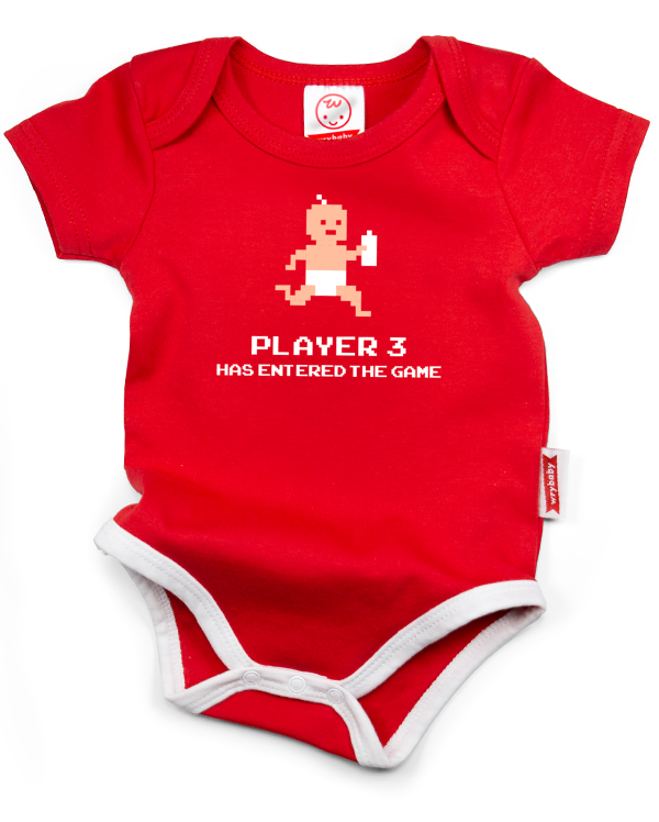 A red cotton funny onesie made by wrybaby with 'Player 3 Has Entered the Game' printed on the front in a nice design