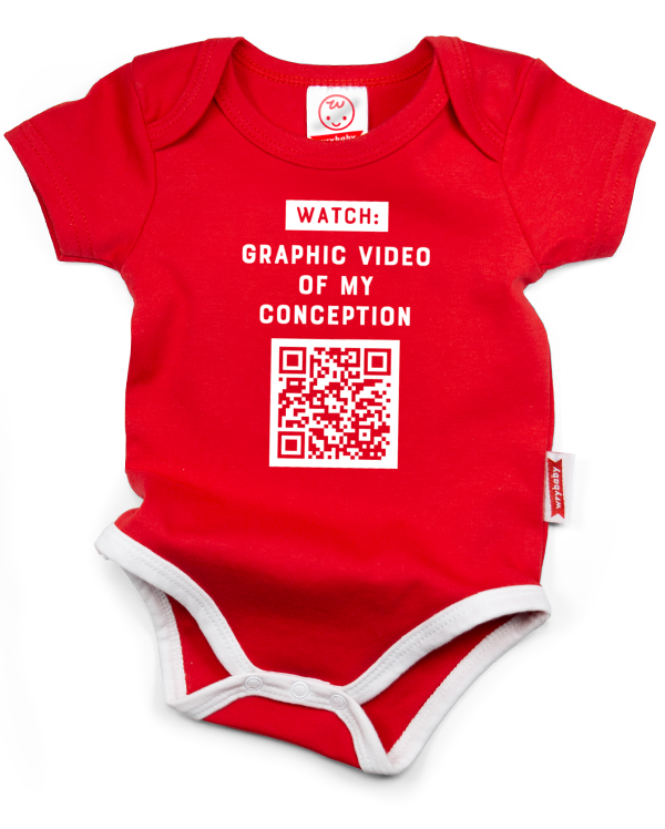 A red cotton funny onesie made by wrybaby with a really fun qr code prank printed on the front in a nice design