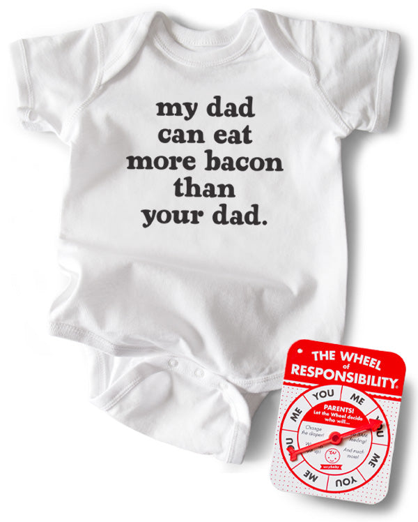 Funny baby bodysuit shower gift says My Dad Can Eat More Bacon Than Your Dad