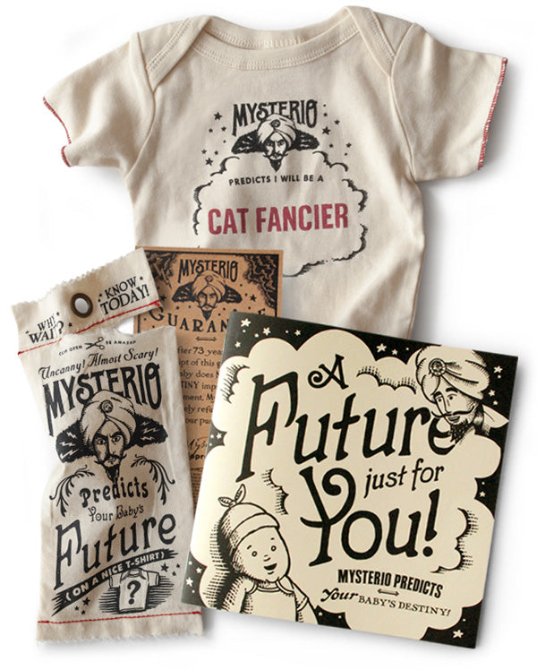 Wrybaby's funny Mysterio Predicts gift set that includes a fortune teller baby t-shirt and picture book
