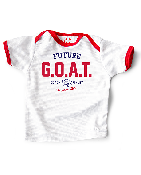 Coach Finley baby sports jersey printed with 'Future GOAT (Greatest of All Time)' printed on the front