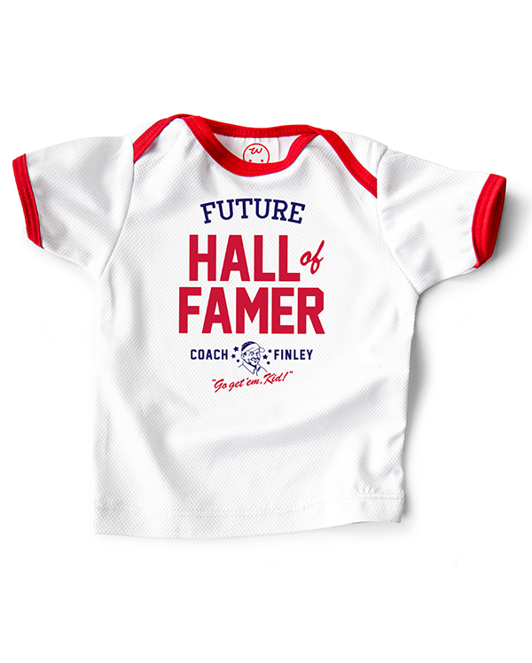 Coach Finley baby sports jersey printed with 'Future Hall of Famer' printed on the front