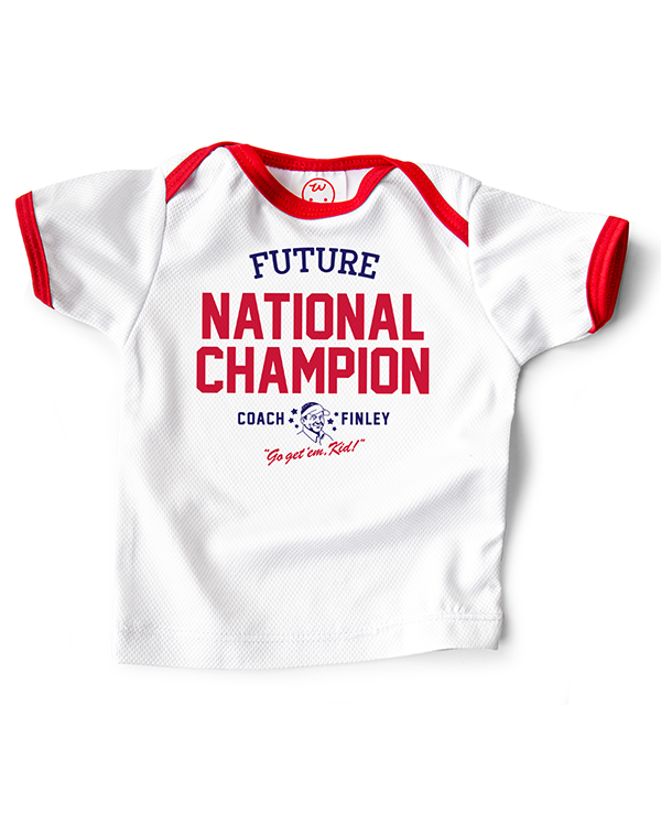 Coach Finley baby sports jersey printed with 'Future National Champion' printed on the front
