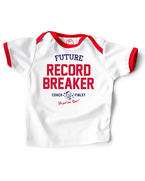Coach Finley baby sports jersey printed with 'Future Record Breaker' printed on the front