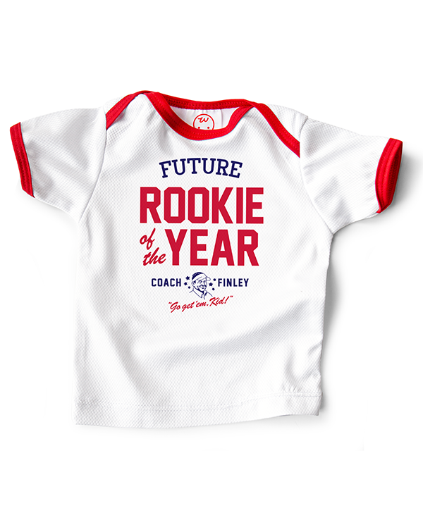 Coach Finley baby sports jersey printed with 'Future Rookie of the Year' printed on the front.