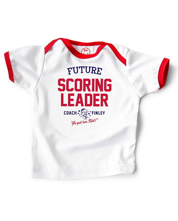 Coach Finley baby sports jersey printed with 'Future Scoring Leader' on the front.