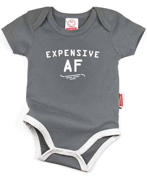 A gray cotton funny onesie made by wrybaby with 'Expensive AF' printed on the front in a nice design