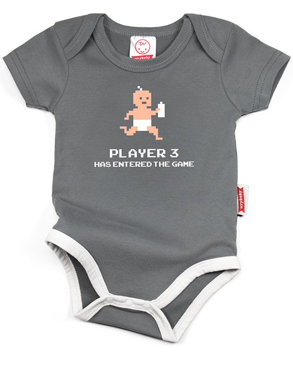 A gray cotton funny onesie made by wrybaby with 'Player 3 Has Entered the Game' printed on the front in a nice design