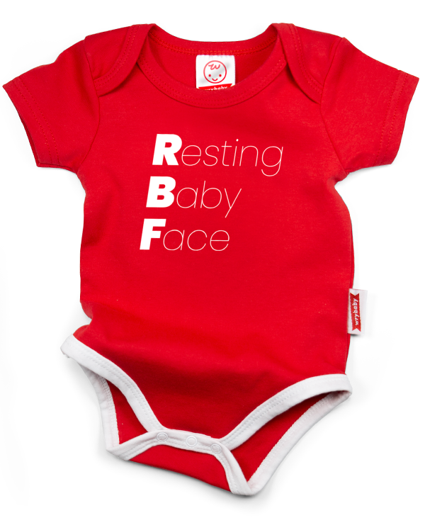 A red cotton funny onesie made by wrybaby with 'RBF (Resting Baby Face)' printed on the front in a nice design