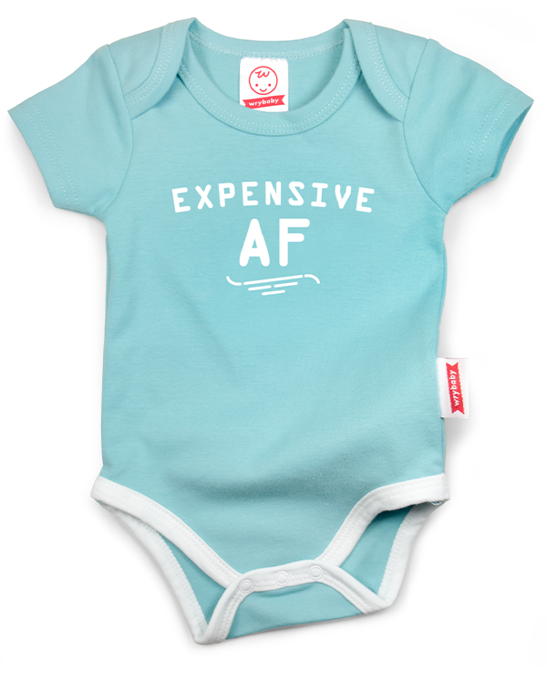 A teal cotton funny onesie made by wrybaby with 'Expensive AF' printed on the front in a nice design