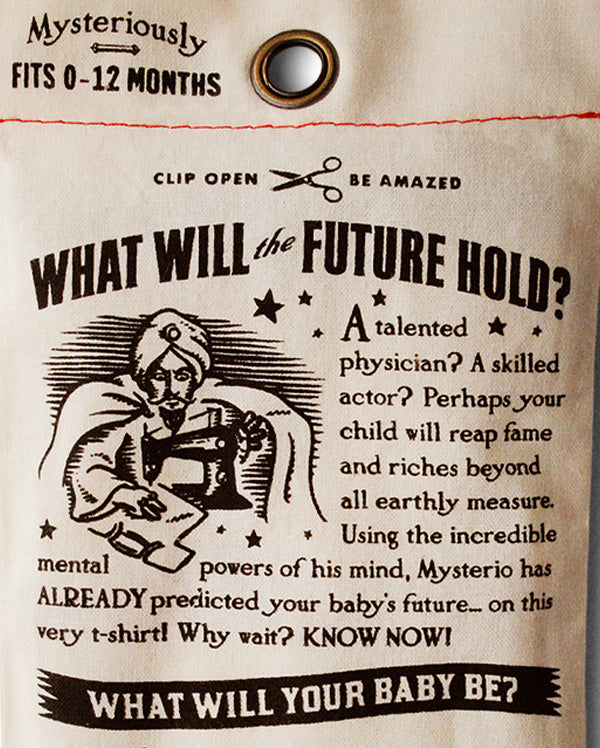 The back of the package containing wrybaby's funny fortune teller baby t-shirt 