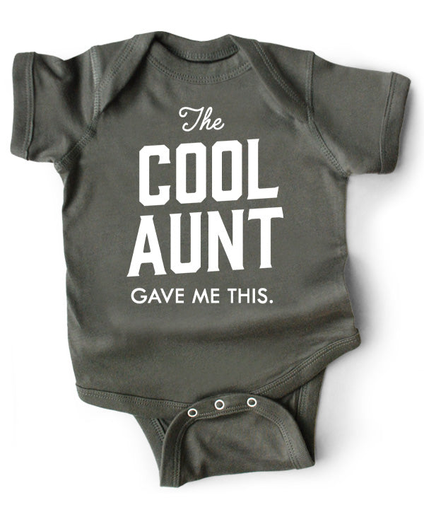 A gray cotton funny onesie made by wrybaby with 'The Cool Aunt Gave Me This' printed on the front in a nice design