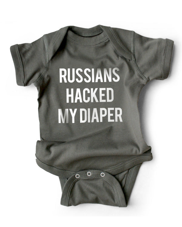 Gray funny political onesie saying Russians Hacked My Diaper