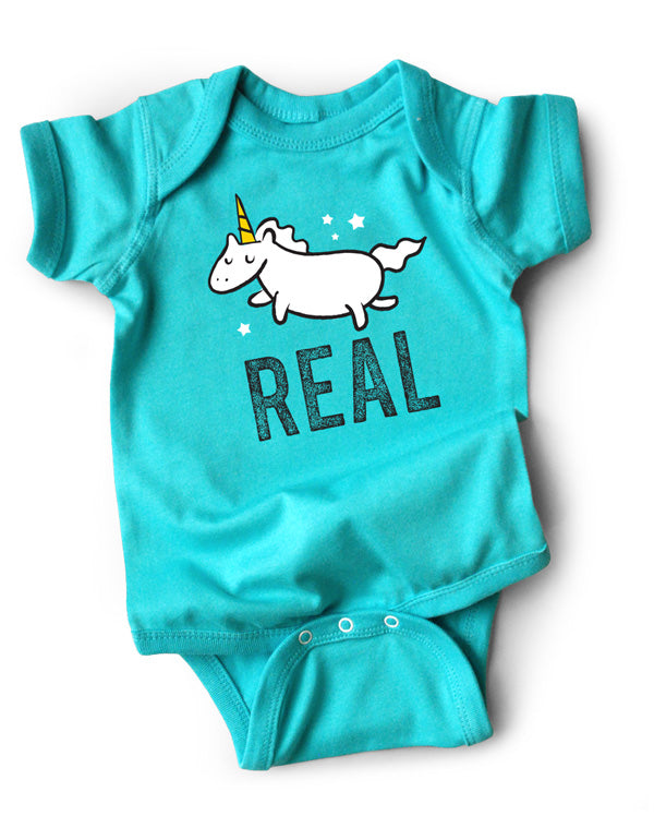 Unicorns Are Real funny onesie by wrybaby