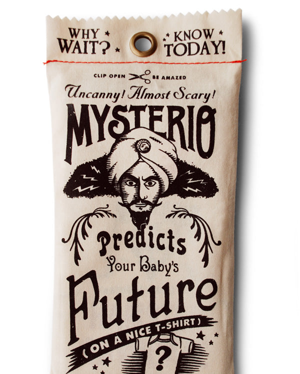 high design packaging for Mysterio Predicts, wrybaby's funny baby t-shirt that predicts your baby's future
